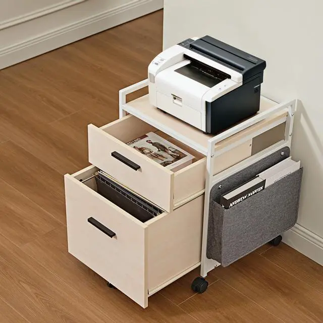 Alt view image 4 of 6 - 2 Drawer Mobile File Cabinet with Wheels, Solid Wood Rolling Storage Cabinet for Home Office, Space-Saving Under Desk Organization with Printer Stand,White