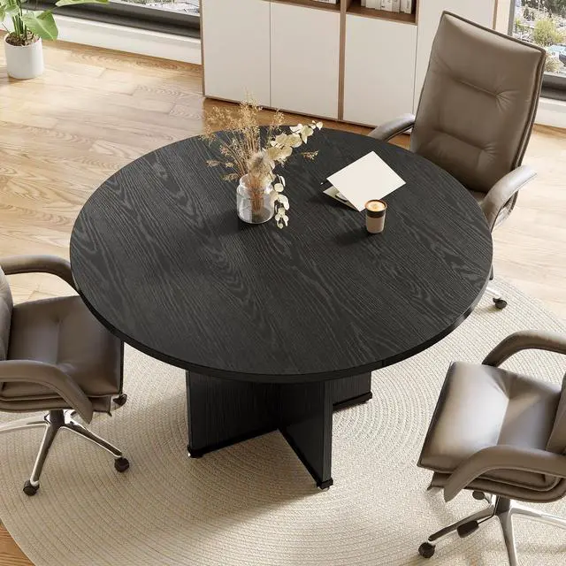 Alt view image 5 of 7 - 39-Inch Small Conference Table for 4, Round Meeting Table with X-Shape Pedestal, for Office, Conference Room, Small Spaces, Black