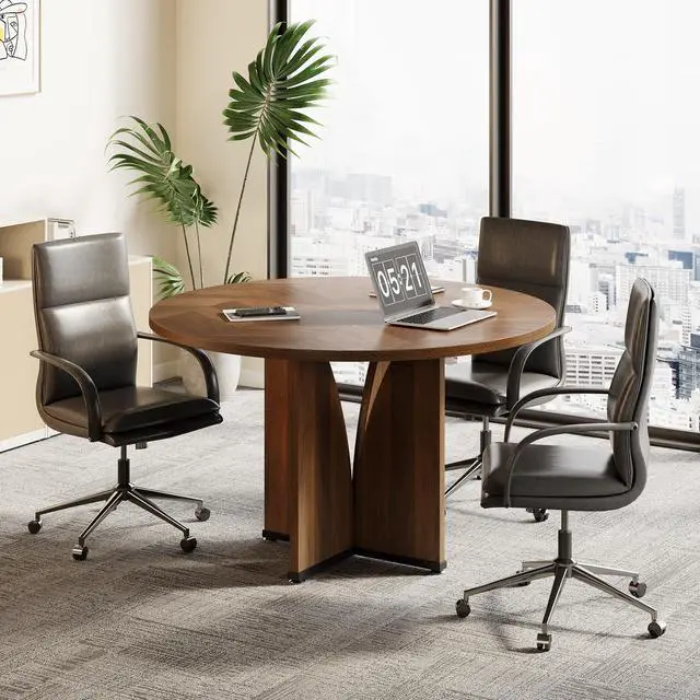 Main image of 39-Inch Conference Table for 4, Round Meeting Table with X-Shape Pedestal, for Office, Conference Room, Small Spaces, Dark Brown