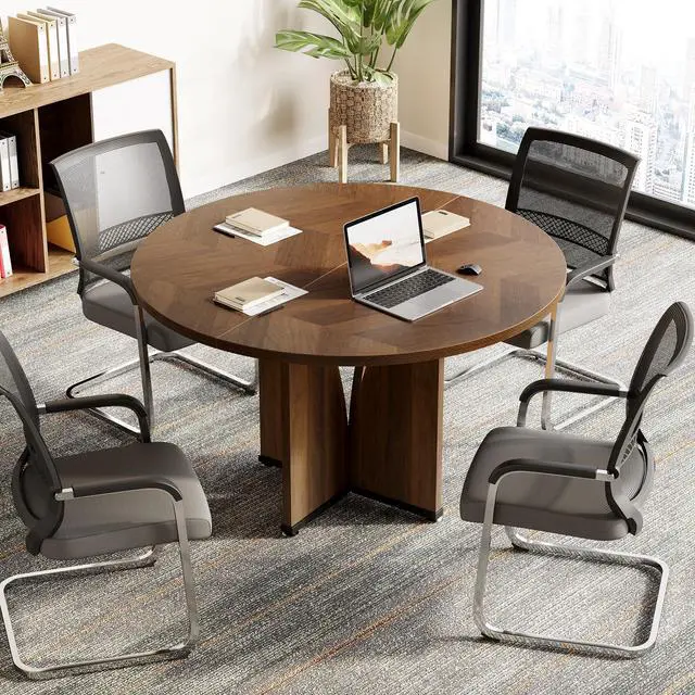 Alt view image 3 of 7 - 39-Inch Conference Table for 4, Round Meeting Table with X-Shape Pedestal, for Office, Conference Room, Small Spaces, Dark Brown