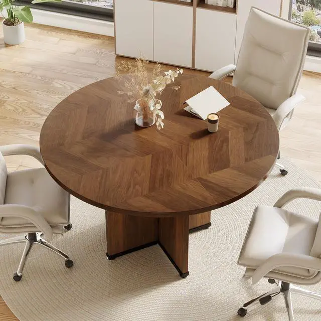 Alt view image 4 of 7 - 39-Inch Conference Table for 4, Round Meeting Table with X-Shape Pedestal, for Office, Conference Room, Small Spaces, Dark Brown