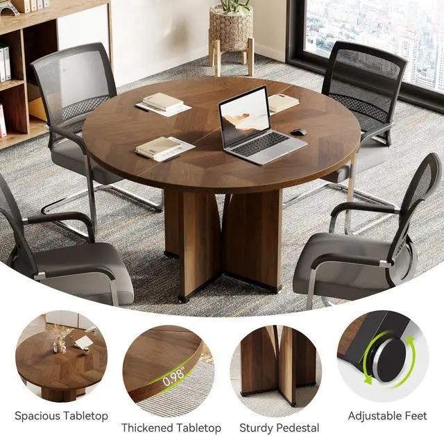 Alt view image 6 of 7 - 39-Inch Conference Table for 4, Round Meeting Table with X-Shape Pedestal, for Office, Conference Room, Small Spaces, Dark Brown