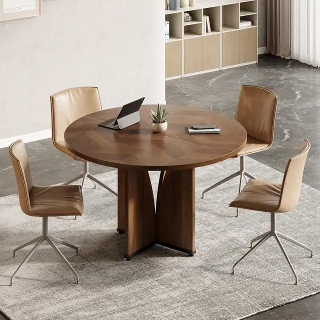 Alt view image 7 of 7 - 39-Inch Conference Table for 4, Round Meeting Table with X-Shape Pedestal, for Office, Conference Room, Small Spaces, Dark Brown