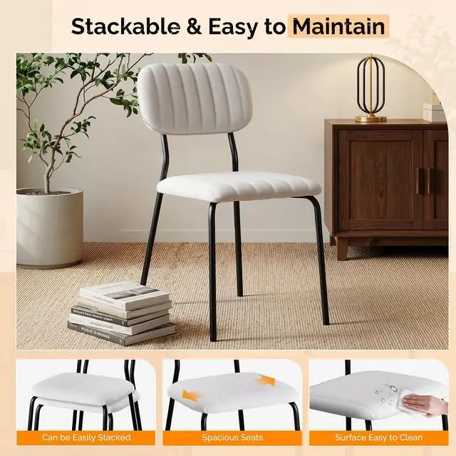 Alt view image 4 of 7 - Stackable Dining Chair Set of 4, Fabric Padded Seat Metal Frame Stacking Chair for Home Kitchen Office Waiting Room Reception Church BanquetWhite