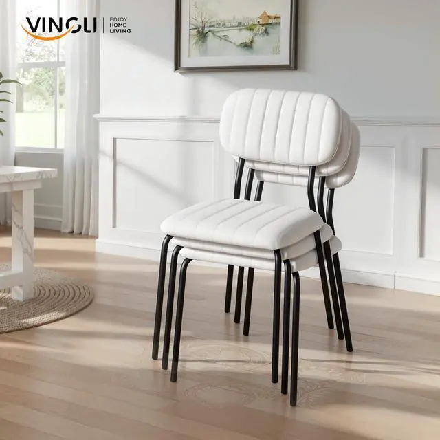 Alt view image 7 of 7 - Stackable Dining Chair Set of 4, Fabric Padded Seat Metal Frame Stacking Chair for Home Kitchen Office Waiting Room Reception Church BanquetWhite