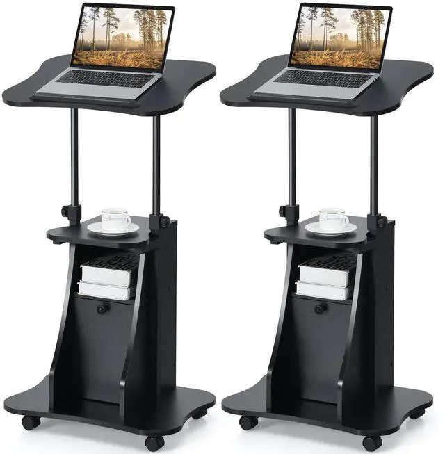 Main image of Mobile Lectern Podium Stand, Rolling Laptop Cart w/ 180° Tilting Tabletop, Storage Compartments & Lockable Casters, Sit-to-Stand Computer Workstation for Home, Office, School (Black, Set of 2)
