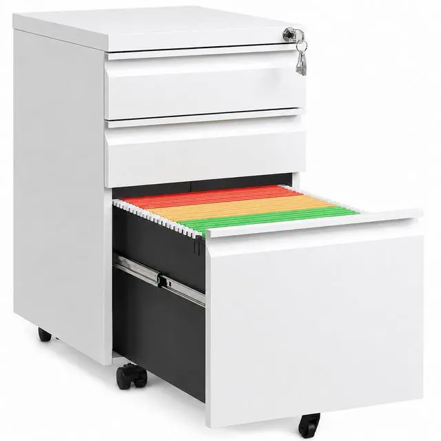 Main image of 3 Drawer Mobile File Cabinet Fully Assembled, White | 15"W x 17"D x 24"H, Fit Letter/Legal/A4, Vertical, Locking, Steel, Under Desk Storage, Filing Cabinet, Home Office