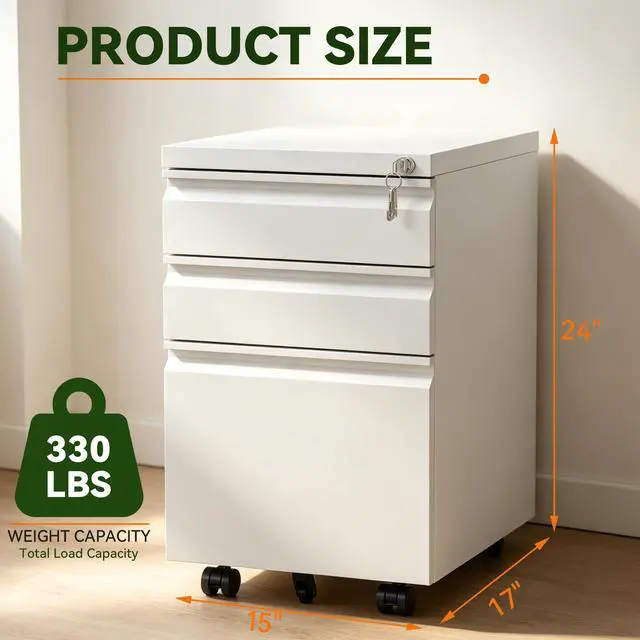 Alt view image 3 of 7 - 3 Drawer Mobile File Cabinet Fully Assembled, White | 15"W x 17"D x 24"H, Fit Letter/Legal/A4, Vertical, Locking, Steel, Under Desk Storage, Filing Cabinet, Home Office