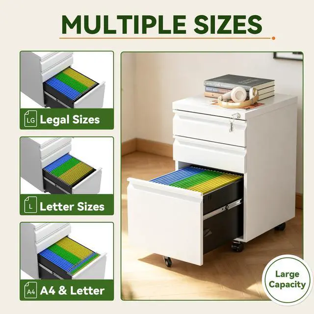 Alt view image 4 of 7 - 3 Drawer Mobile File Cabinet Fully Assembled, White | 15"W x 17"D x 24"H, Fit Letter/Legal/A4, Vertical, Locking, Steel, Under Desk Storage, Filing Cabinet, Home Office