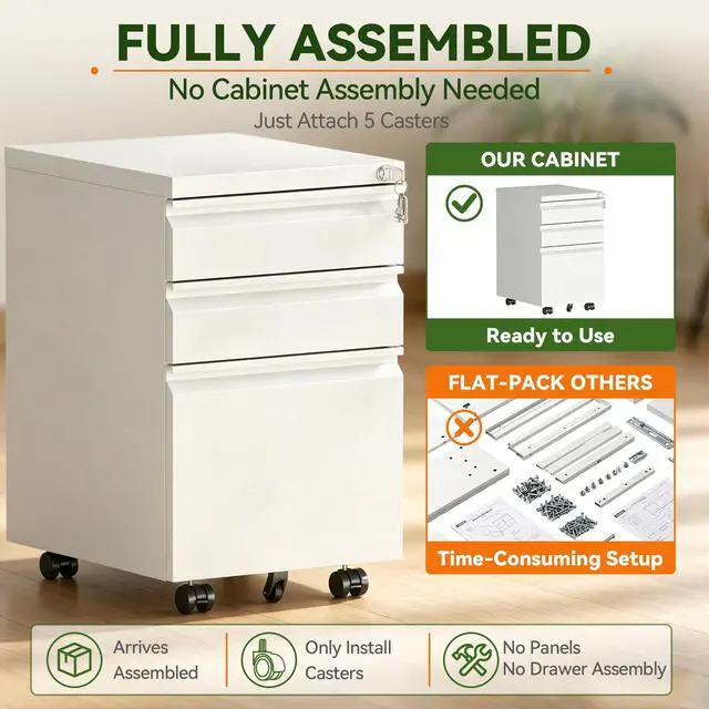 Alt view image 5 of 7 - 3 Drawer Mobile File Cabinet Fully Assembled, White | 15"W x 17"D x 24"H, Fit Letter/Legal/A4, Vertical, Locking, Steel, Under Desk Storage, Filing Cabinet, Home Office