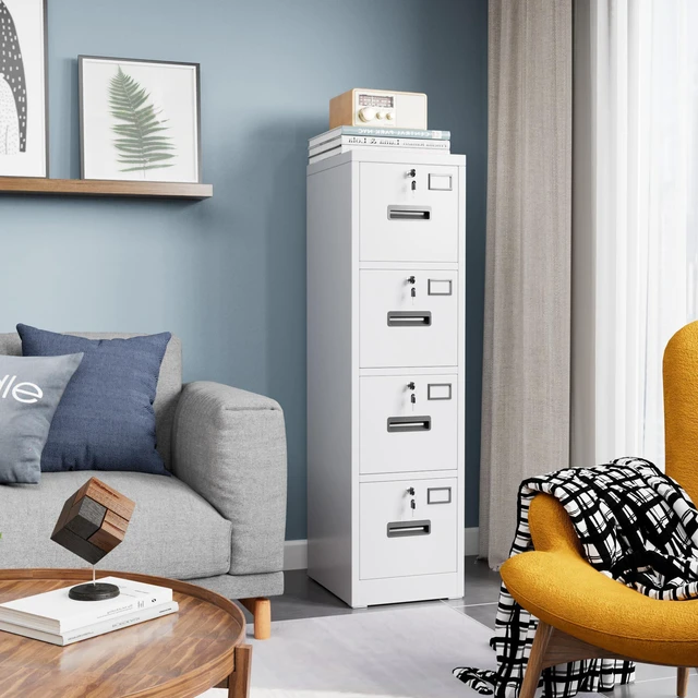 Alt view image 2 of 7 - 4 Drawer File Cabinet with Lock, White Metal, Letter/A4 | Vertical metal filing cabinet with 4 independently locking drawers, 8 keys, ball-bearing slides, and label holders