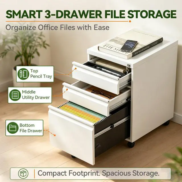 Alt view image 6 of 7 - 3 Drawer Mobile File Cabinet Fully Assembled, White | 15"W x 17"D x 24"H, Fit Letter/Legal/A4, Vertical, Locking, Steel, Under Desk Storage, Filing Cabinet, Home Office