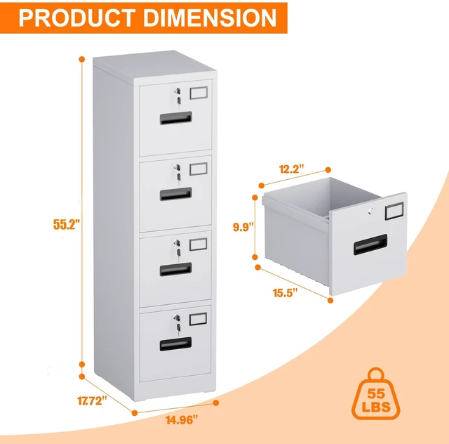 Alt view image 3 of 7 - 4 Drawer File Cabinet with Lock, White Metal, Letter/A4 | Vertical metal filing cabinet with 4 independently locking drawers, 8 keys, ball-bearing slides, and label holders