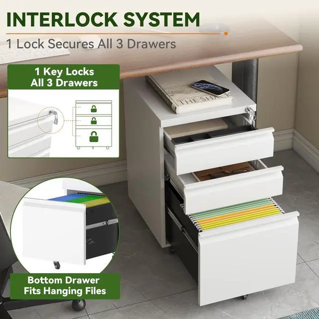 Alt view image 7 of 7 - 3 Drawer Mobile File Cabinet Fully Assembled, White | 15"W x 17"D x 24"H, Fit Letter/Legal/A4, Vertical, Locking, Steel, Under Desk Storage, Filing Cabinet, Home Office