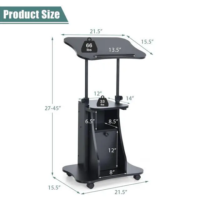 Alt view image 3 of 7 - Mobile Lectern Podium Stand, Rolling Laptop Cart w/ 180° Tilting Tabletop, Storage Compartments & Lockable Casters, Sit-to-Stand Computer Workstation for Home, Office, School (Black, Set of 2)