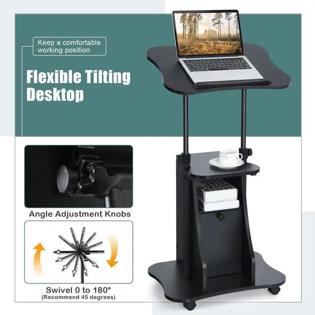 Alt view image 5 of 7 - Mobile Lectern Podium Stand, Rolling Laptop Cart w/ 180° Tilting Tabletop, Storage Compartments & Lockable Casters, Sit-to-Stand Computer Workstation for Home, Office, School (Black, Set of 2)