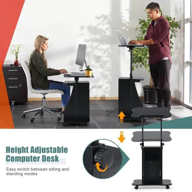 Alt view image 6 of 7 - Mobile Lectern Podium Stand, Rolling Laptop Cart w/ 180° Tilting Tabletop, Storage Compartments & Lockable Casters, Sit-to-Stand Computer Workstation for Home, Office, School (Black, Set of 2)