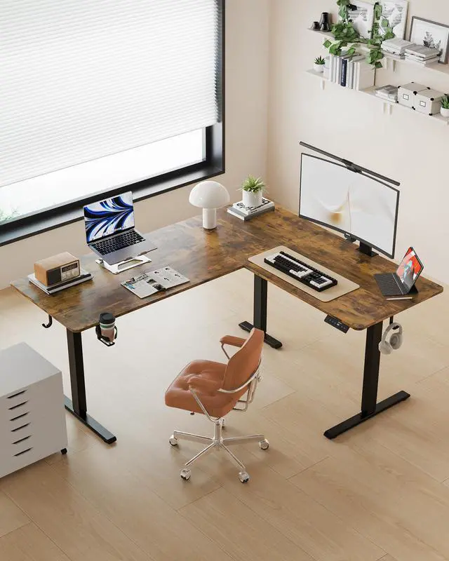 Alt view image 2 of 6 - 75X61 Inches Reversible L Shaped Standing Desk Height Adjustable, Electric Corner Computer Desk with Cup Holder, Sit Stand up Home Office Desk, Ergonomic Gaming Desk, Rustic Brown