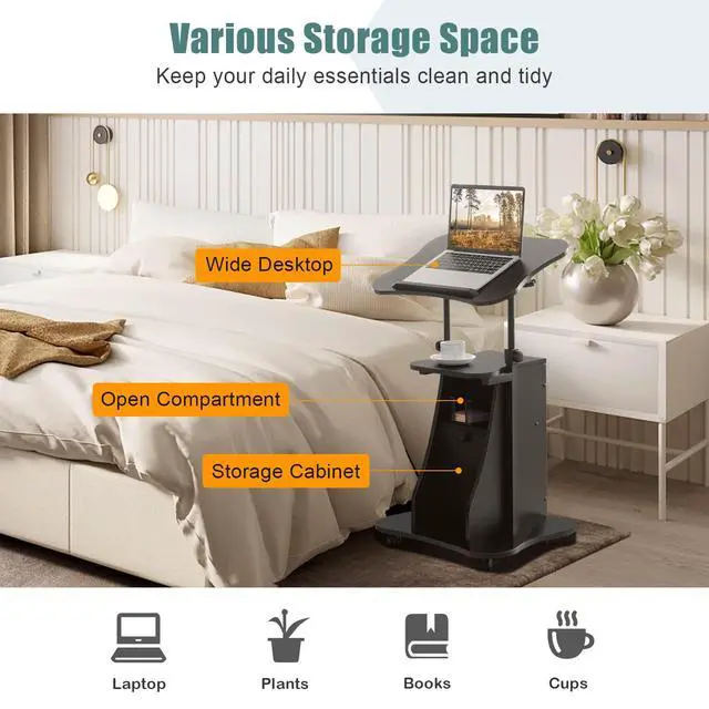 Alt view image 7 of 7 - Mobile Lectern Podium Stand, Rolling Laptop Cart w/ 180° Tilting Tabletop, Storage Compartments & Lockable Casters, Sit-to-Stand Computer Workstation for Home, Office, School (Black, Set of 2)