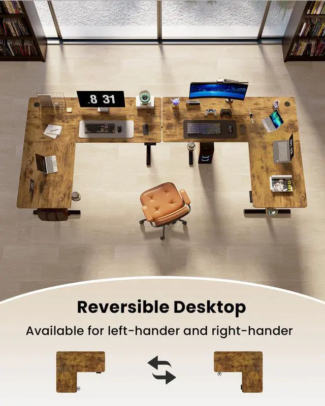 Alt view image 4 of 6 - 75X61 Inches Reversible L Shaped Standing Desk Height Adjustable, Electric Corner Computer Desk with Cup Holder, Sit Stand up Home Office Desk, Ergonomic Gaming Desk, Rustic Brown