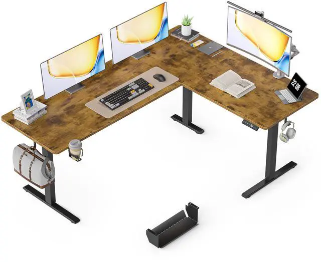 Main image of 75X61 Inches Reversible L Shaped Standing Desk Height Adjustable, Electric Corner Computer Desk with Cup Holder, Sit Stand up Home Office Desk, Ergonomic Gaming Desk, Rustic Brown