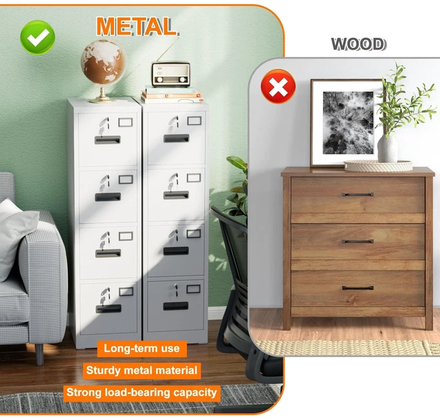 Alt view image 4 of 7 - 4 Drawer File Cabinet with Lock, White Metal, Letter/A4 | Vertical metal filing cabinet with 4 independently locking drawers, 8 keys, ball-bearing slides, and label holders