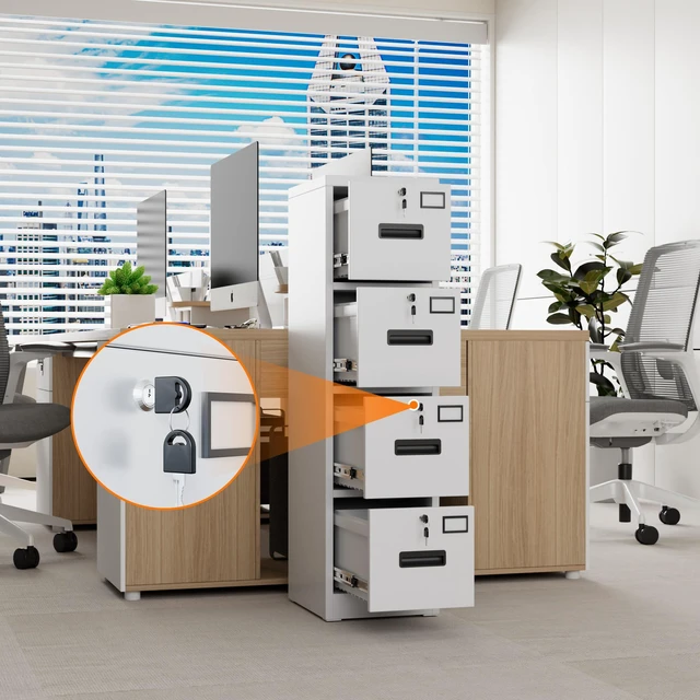 Alt view image 5 of 7 - 4 Drawer File Cabinet with Lock, White Metal, Letter/A4 | Vertical metal filing cabinet with 4 independently locking drawers, 8 keys, ball-bearing slides, and label holders
