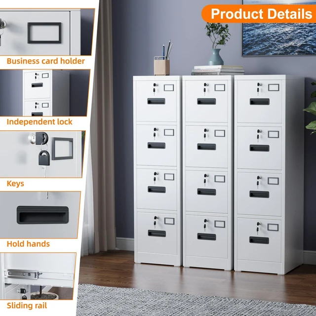 Alt view image 6 of 7 - 4 Drawer File Cabinet with Lock, White Metal, Letter/A4 | Vertical metal filing cabinet with 4 independently locking drawers, 8 keys, ball-bearing slides, and label holders
