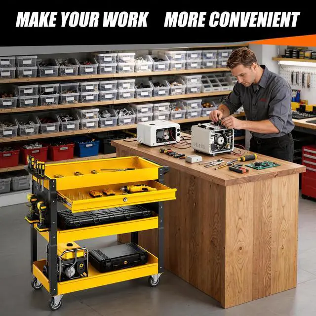 Alt view image 3 of 7 - 4 Tier Rolling Tool Cart on Wheels with Professional Tool Cart with Locking Drawer-Metal, 400LBS Load Capacity Heavy Duty Storage with Pegboard for Repair Shop, Garage, Warehouse, Workshop