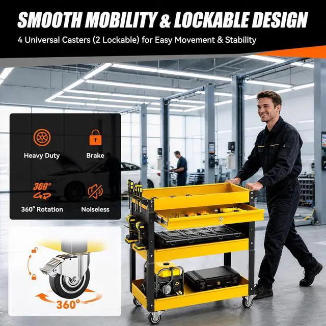 Alt view image 2 of 7 - 4 Tier Rolling Tool Cart on Wheels with Professional Tool Cart with Locking Drawer-Metal, 400LBS Load Capacity Heavy Duty Storage with Pegboard for Repair Shop, Garage, Warehouse, Workshop