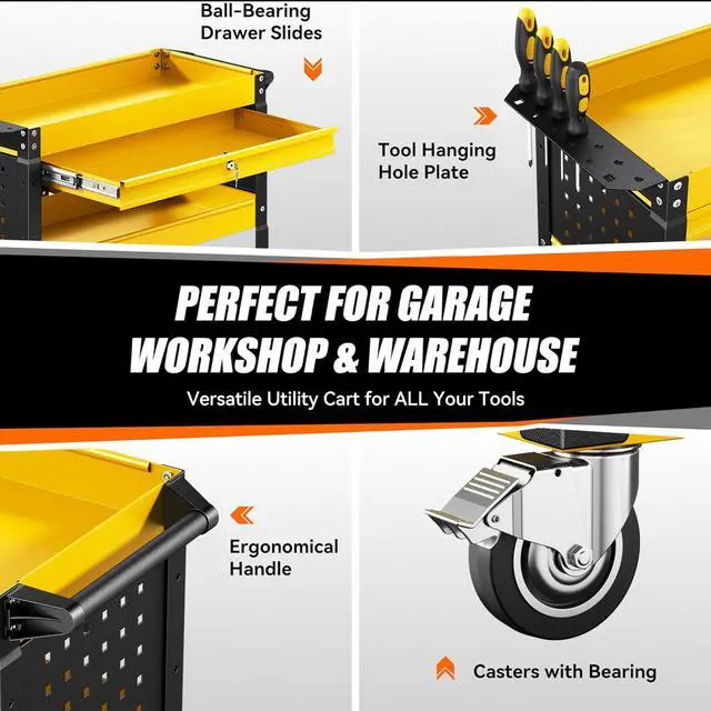 Alt view image 4 of 7 - 4 Tier Rolling Tool Cart on Wheels with Professional Tool Cart with Locking Drawer-Metal, 400LBS Load Capacity Heavy Duty Storage with Pegboard for Repair Shop, Garage, Warehouse, Workshop