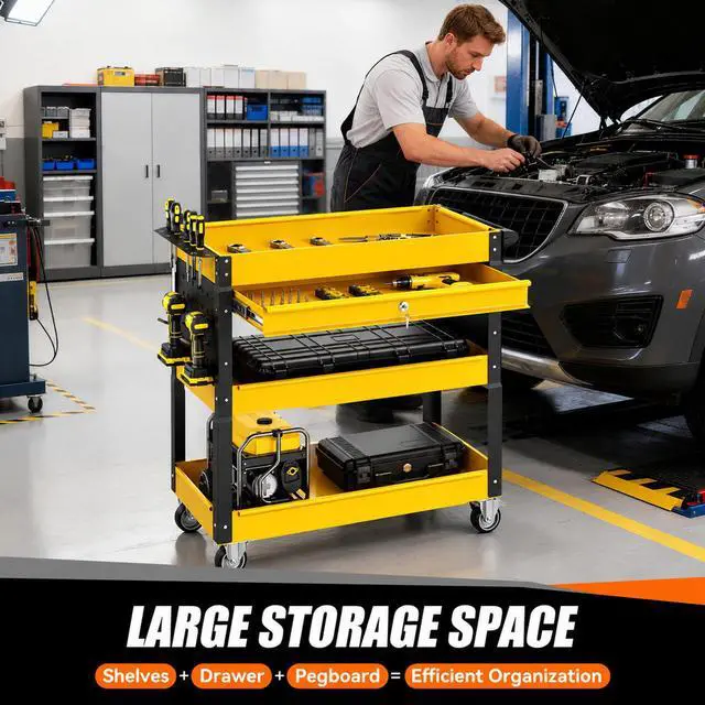 Alt view image 5 of 7 - 4 Tier Rolling Tool Cart on Wheels with Professional Tool Cart with Locking Drawer-Metal, 400LBS Load Capacity Heavy Duty Storage with Pegboard for Repair Shop, Garage, Warehouse, Workshop