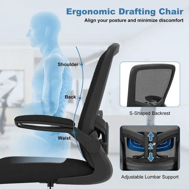 Alt view image 7 of 7 - Ergonomic Tall Office Chair with Adjustable Footrest, Black 2PCS | Drafting Chair Mesh High Back Desk Chair, Flip-up Armrests, 3IN 3D Foam Cushion, Adjustable Back Support for Home Office