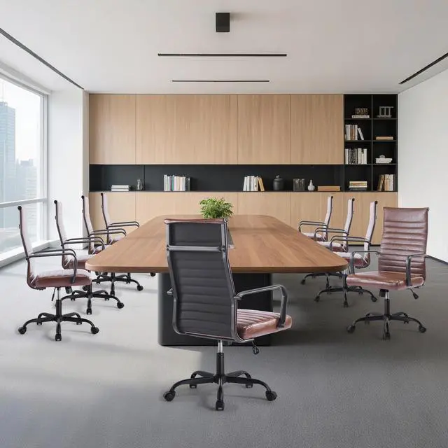 Alt view image 2 of 6 - Office Chair, Adjustable Desk Chair, Mid-Back Ergonomic Conference Room Chairs, Comfortable Leather Executive Ribbed Computer Chair, Swivel Chair with Casters for Home Office