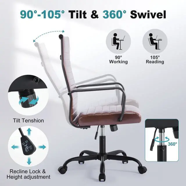 Alt view image 5 of 6 - Office Chair, Adjustable Desk Chair, Mid-Back Ergonomic Conference Room Chairs, Comfortable Leather Executive Ribbed Computer Chair, Swivel Chair with Casters for Home Office