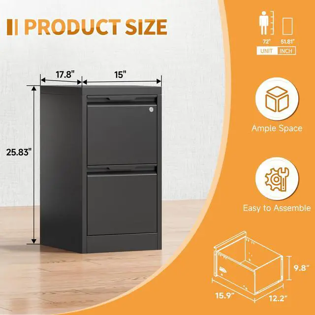 Alt view image 2 of 6 - 2-Drawer Metal File Cabinet with 1 Lockable Drawer,Steel Printer Stand with Storage for Home Office,Vertical Filing Cabinet for Legal/Letter/A4 Files,Assembly Required(15''W-2 Drawers,Black)