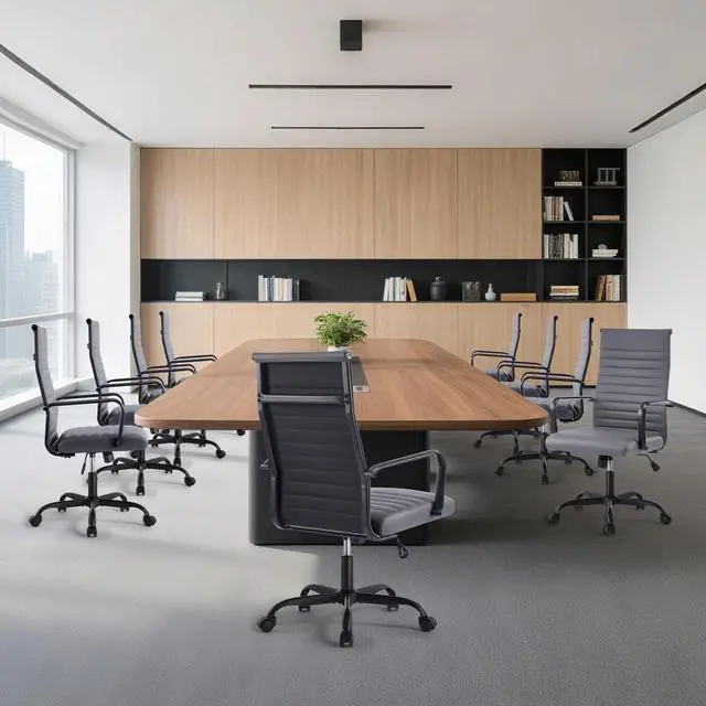 Alt view image 2 of 6 - Office Chair, Adjustable Desk Chair, Mid-Back Ergonomic Conference Room Chairs, Comfortable Leather Executive Ribbed Computer Chair, Swivel Chair with Casters for Home Office