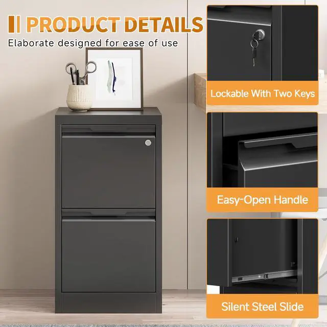 Alt view image 4 of 6 - 2-Drawer Metal File Cabinet with 1 Lockable Drawer,Steel Printer Stand with Storage for Home Office,Vertical Filing Cabinet for Legal/Letter/A4 Files,Assembly Required(15''W-2 Drawers,Black)