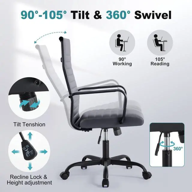 Alt view image 5 of 6 - Office Chair, Adjustable Desk Chair, Mid-Back Ergonomic Conference Room Chairs, Comfortable Leather Executive Ribbed Computer Chair, Swivel Chair with Casters for Home Office