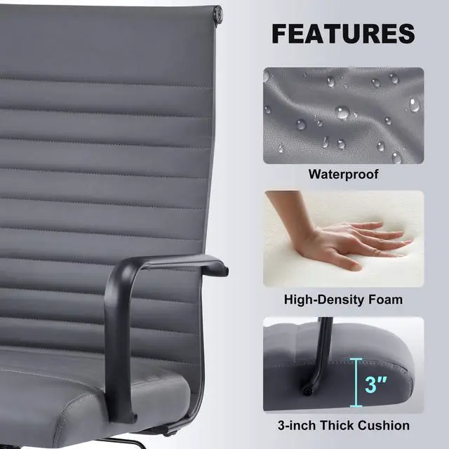 Alt view image 6 of 6 - Office Chair, Adjustable Desk Chair, Mid-Back Ergonomic Conference Room Chairs, Comfortable Leather Executive Ribbed Computer Chair, Swivel Chair with Casters for Home Office