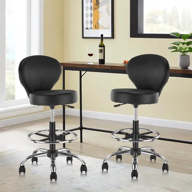 Alt view image 2 of 6 - PVC Faux Leather Drafting Chair Set of 4 Rolling Swivel Salon Stool with Back Foot Rest Adjustable Hydraulic Seat Height 30 Inch Diameter 15 in Lumbar Support for Massage Facial Spa 2 Pack