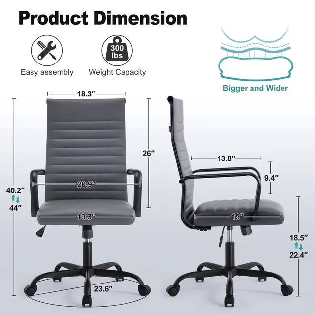 Alt view image 3 of 6 - Office Chair, Adjustable Desk Chair, Mid-Back Ergonomic Conference Room Chairs, Comfortable Leather Executive Ribbed Computer Chair, Swivel Chair with Casters for Home Office