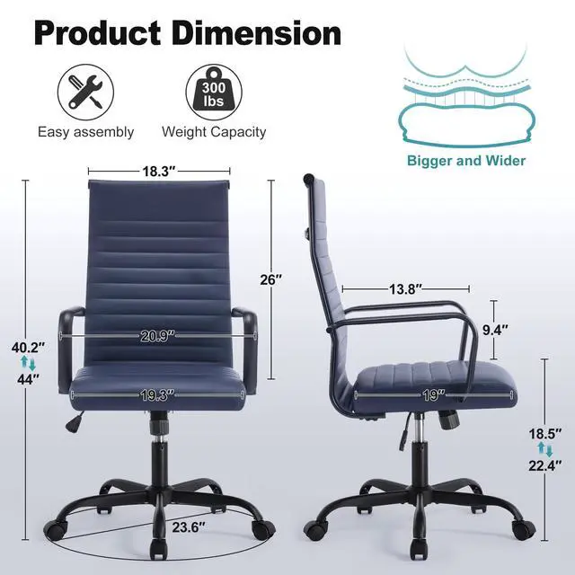 Alt view image 3 of 6 - Office Chair, Adjustable Desk Chair, Mid-Back Ergonomic Conference Room Chairs, Comfortable Leather Executive Ribbed Computer Chair, Swivel Chair with Casters for Home Office
