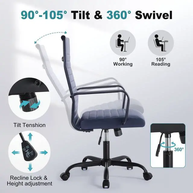 Alt view image 5 of 6 - Office Chair, Adjustable Desk Chair, Mid-Back Ergonomic Conference Room Chairs, Comfortable Leather Executive Ribbed Computer Chair, Swivel Chair with Casters for Home Office