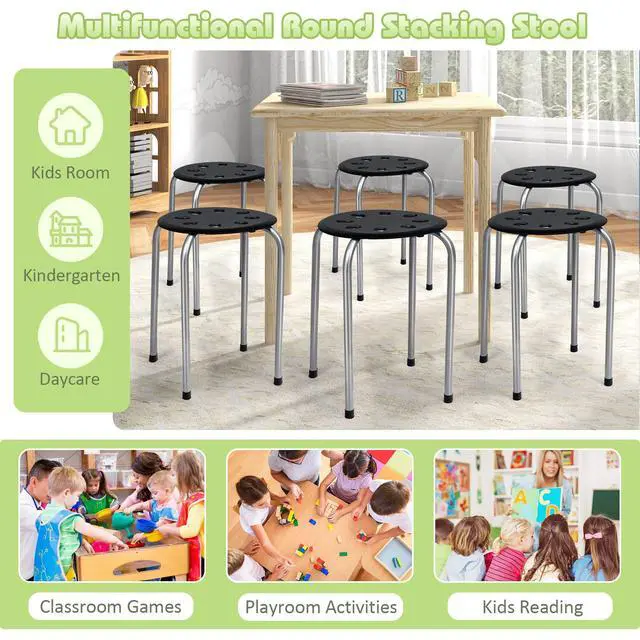 Alt view image 4 of 7 - 6 Pack Stackable Stool, 17.5 Kids Stacking Decoration Stool Set w/Metal Frame & Plastic Seat, Backless Round Flexible Seating for Children's Table, School, Classroom(6 Piece, Gray)