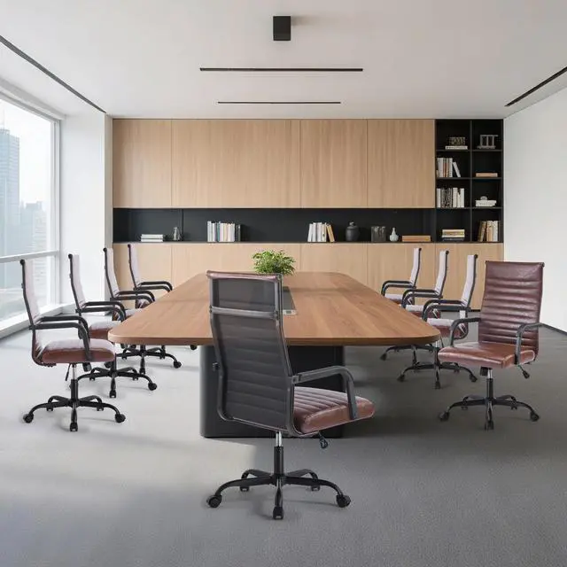 Alt view image 2 of 6 - Office Chair, Adjustable Desk Chair, Mid-Back Ergonomic Conference Room Chairs, Comfortable Leather Executive Ribbed Computer Chair, Swivel Chair with Casters for Home Office