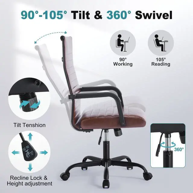 Alt view image 5 of 6 - Office Chair, Adjustable Desk Chair, Mid-Back Ergonomic Conference Room Chairs, Comfortable Leather Executive Ribbed Computer Chair, Swivel Chair with Casters for Home Office