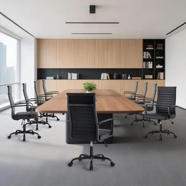 Alt view image 2 of 6 - Office Chair, Adjustable Desk Chair, Mid-Back Ergonomic Conference Room Chairs, Comfortable Leather Executive Ribbed Computer Chair, Swivel Chair with Casters for Home Office