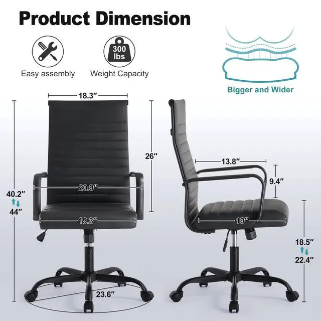 Alt view image 3 of 6 - Office Chair, Adjustable Desk Chair, Mid-Back Ergonomic Conference Room Chairs, Comfortable Leather Executive Ribbed Computer Chair, Swivel Chair with Casters for Home Office