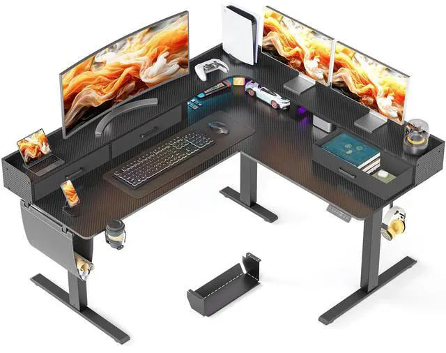 Main image of 63 Inches Height Adjustable L Shaped Standing Desk with 3 Drawers and Monitor Shelf, Electric Corner Comupter Desk, Sit Stand up Home Office Desk, Ergonomic Gaming Desk, Black